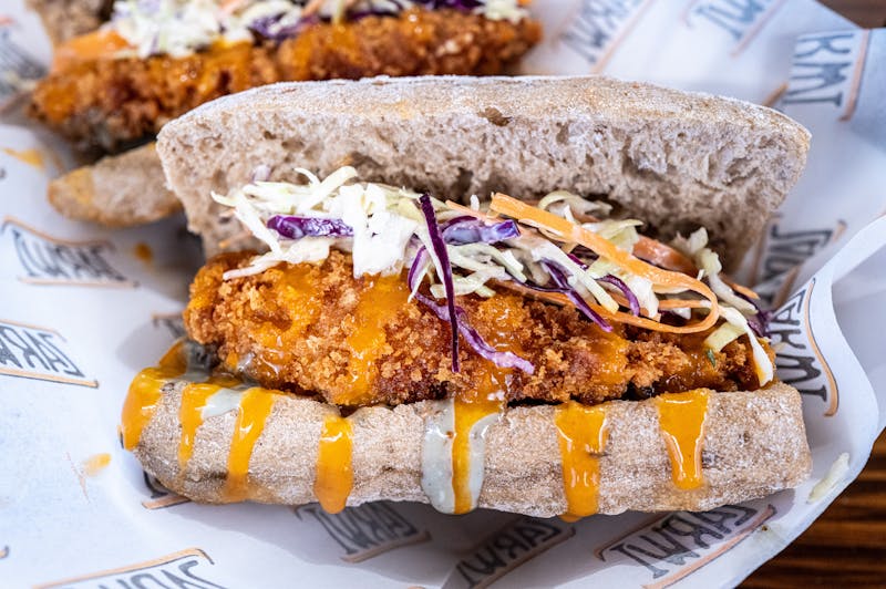 BBQ Ranch crunch chicken sandwich with crispy onions